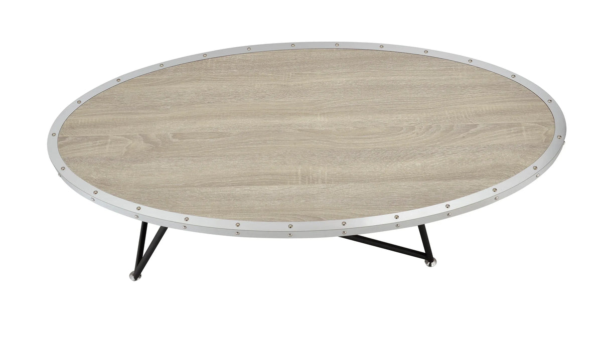 Industrial Oval Wood Top Metal Base Coffee Table - Omega Lifestyles