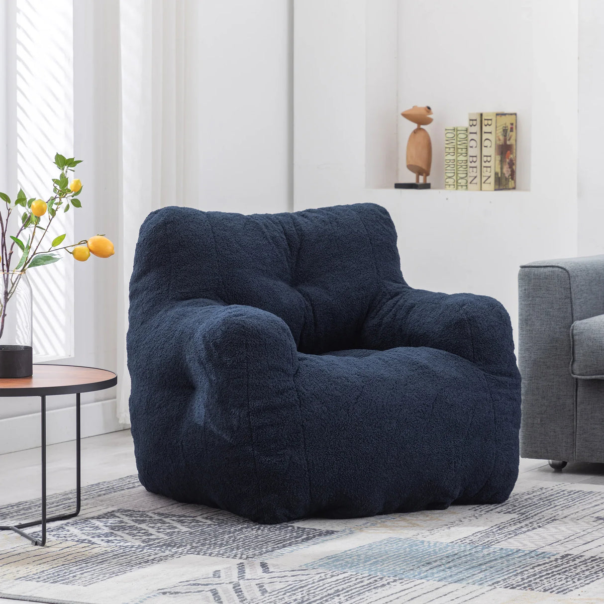 Soft Teddy Fabric Tufted Foam Bean Bag Chair Dark Blue - Omega Lifestyles