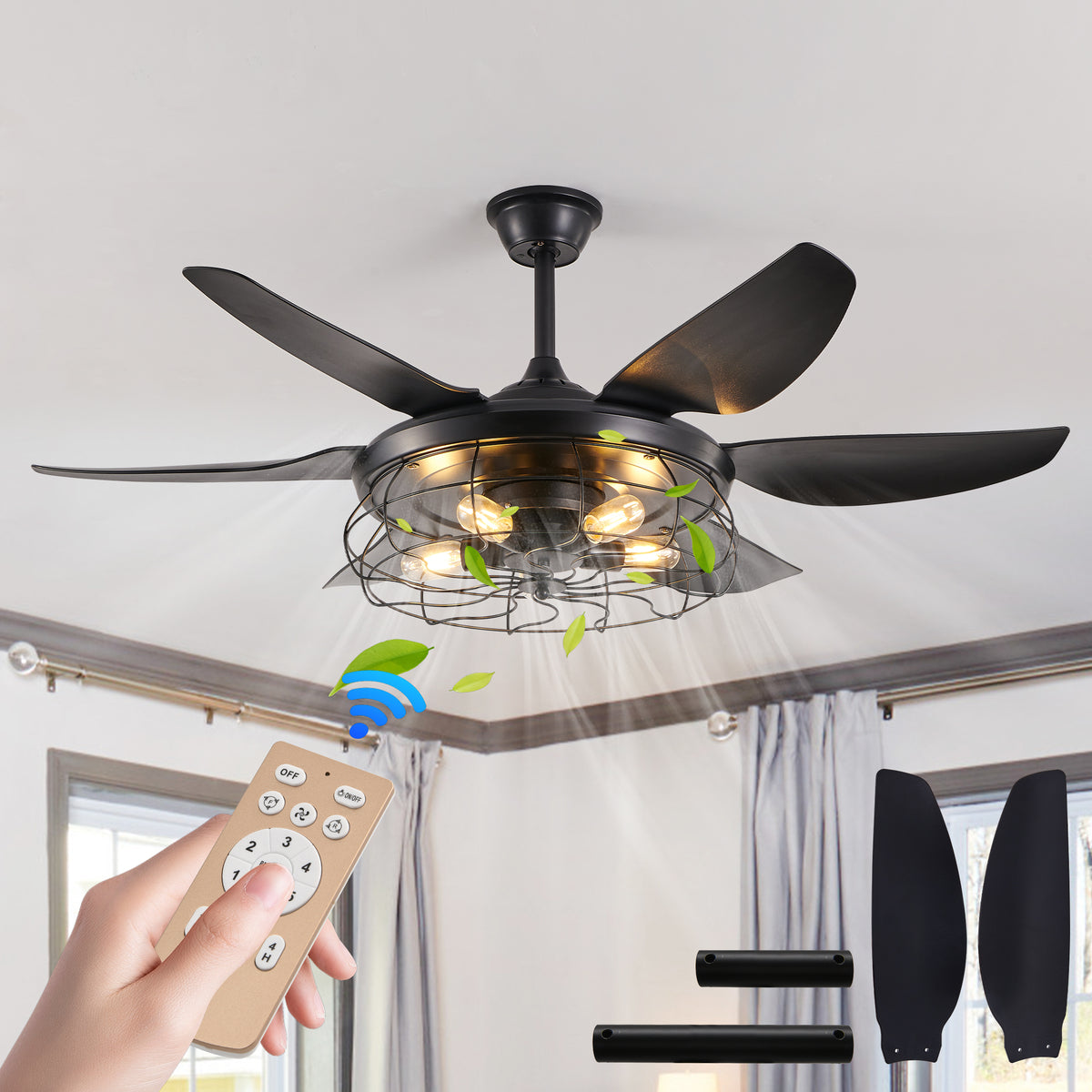 52-Inch Industrial Black Ceiling Fan With Light And Remote