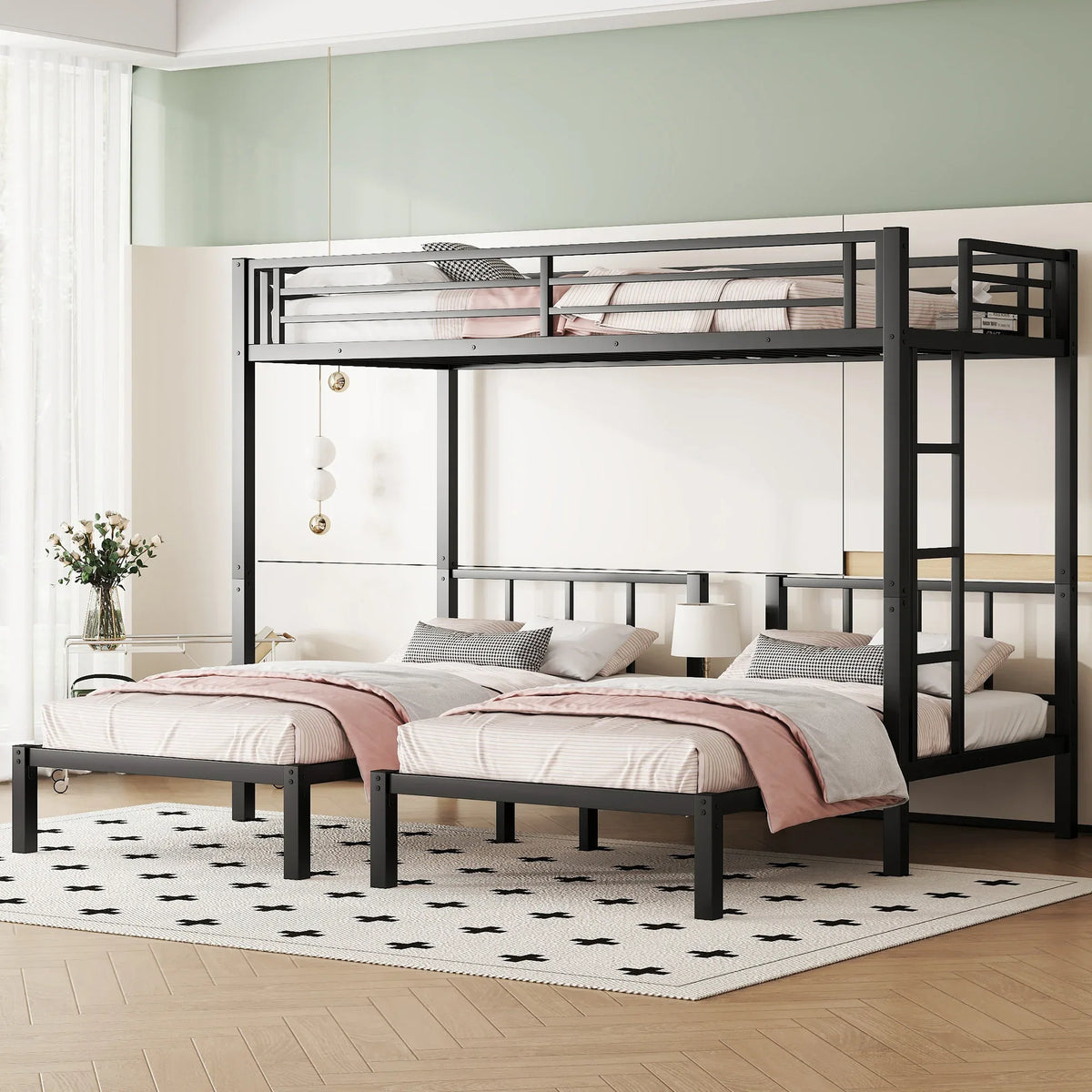 Metal Twin Over Twin Triple Bunk Bed With Guardrails - Omega Lifestyles