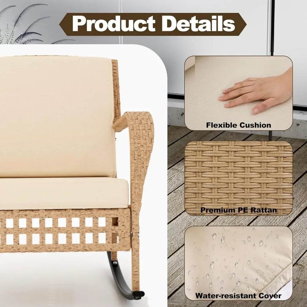 3-Piece Outdoor Rattan Rocking Chair Set With Cushions - Omega Lifestyles