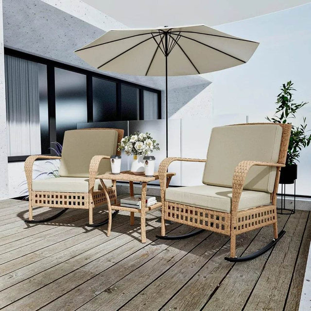 3-Piece Outdoor Rattan Rocking Chair Set With Cushions - Omega Lifestyles
