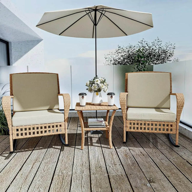 3-Piece Outdoor Rattan Rocking Chair Set With Cushions - Omega Lifestyles