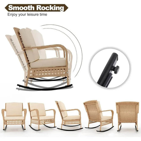 3-Piece Outdoor Rattan Rocking Chair Set With Cushions - Omega Lifestyles