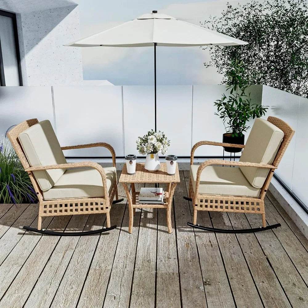 3-Piece Outdoor Rattan Rocking Chair Set With Cushions - Omega Lifestyles
