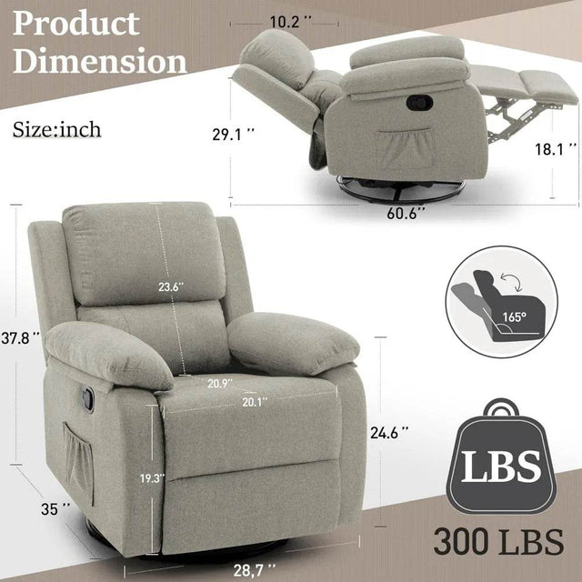 360 Degree Swivel Small Rocking Upholstered Recliner Chair - Omega Lifestyles
