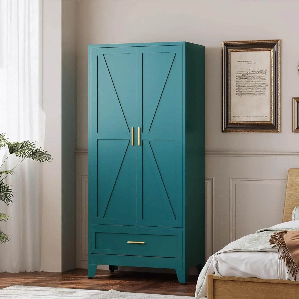 Large Heavy-Duty Metal Wardrobe Cabinet With Drawer - Omega Lifestyles