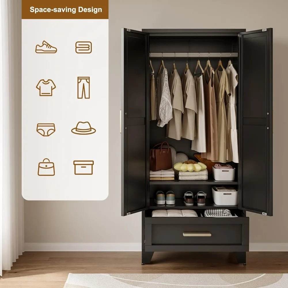 Large Heavy-Duty Metal Wardrobe Cabinet With Drawer - Omega Lifestyles