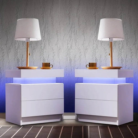 Set of 2 Modern Morocco LED Nightstands With Drawers - Omega Lifestyles