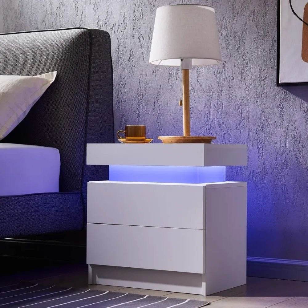 Set of 2 Modern Morocco LED Nightstands With Drawers - Omega Lifestyles