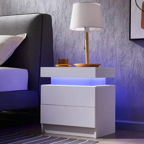 Set of 2 Modern Morocco LED Nightstands With Drawers - Omega Lifestyles