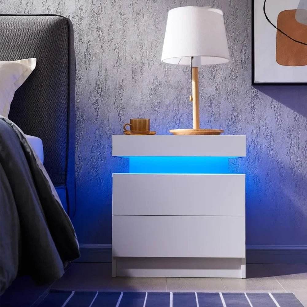 Set of 2 Modern Morocco LED Nightstands With Drawers - Omega Lifestyles