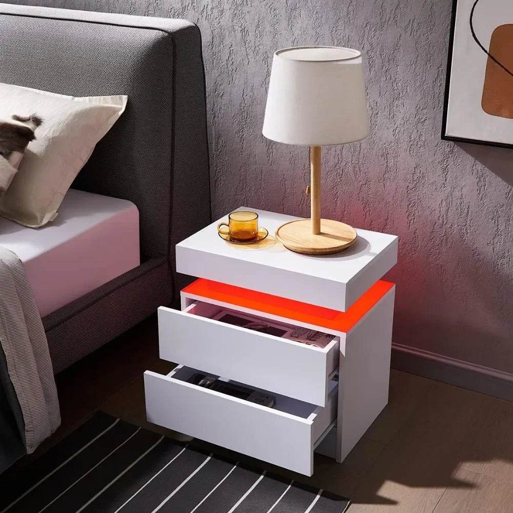Set of 2 Modern Morocco LED Nightstands With Drawers - Omega Lifestyles