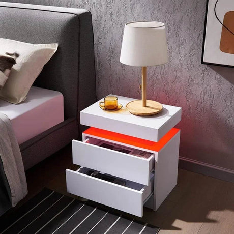 Set of 2 Modern Morocco LED Nightstands With Drawers - Omega Lifestyles