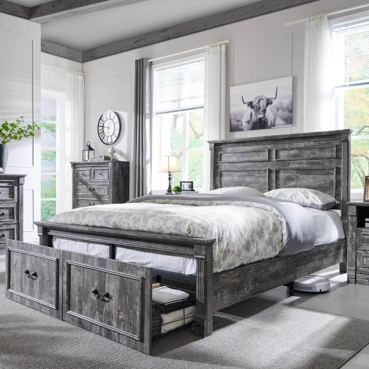 Farmhouse Wood Bed Frame with Storage Drawers - Omega Lifestyles