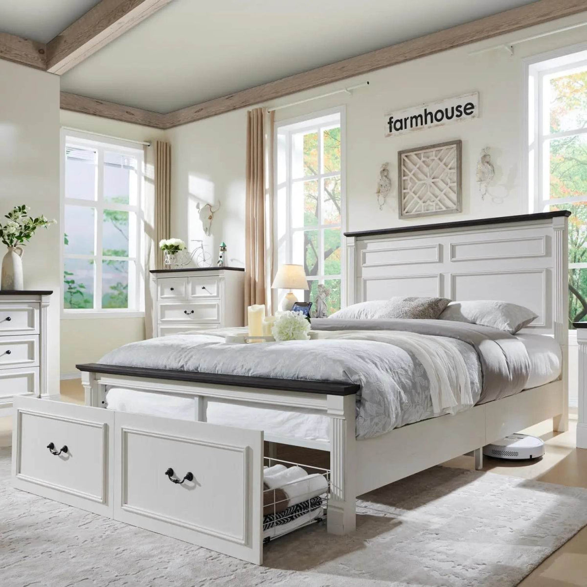 Farmhouse Wood Bed Frame with Storage Drawers - Omega Lifestyles