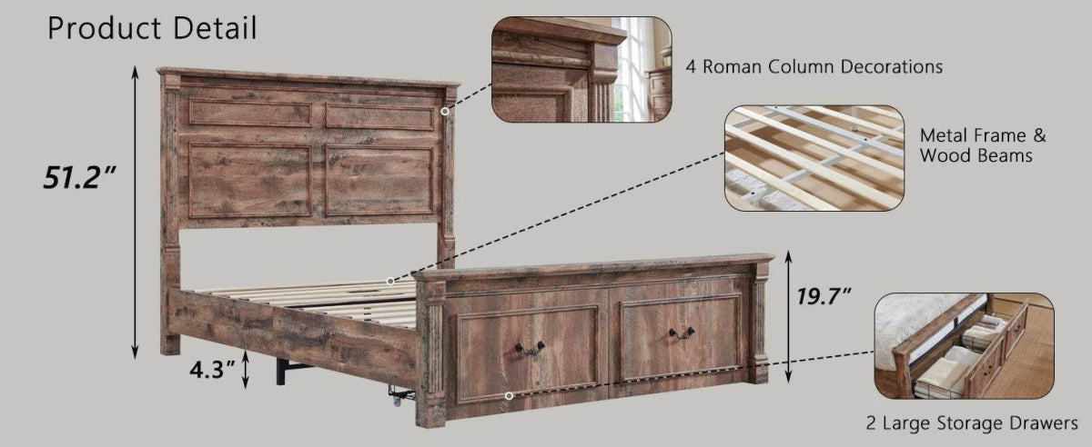 Farmhouse Wood Bed Frame with Storage Drawers - Omega Lifestyles