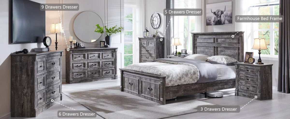 Farmhouse Wood Bed Frame with Storage Drawers - Omega Lifestyles