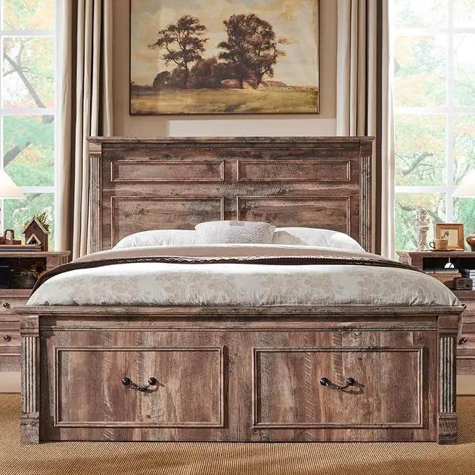 Farmhouse Wood Bed Frame with Storage Drawers - Omega Lifestyles