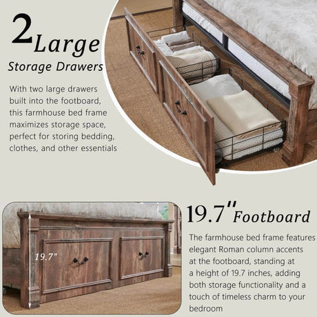 Farmhouse Wood Bed Frame with Storage Drawers - Omega Lifestyles