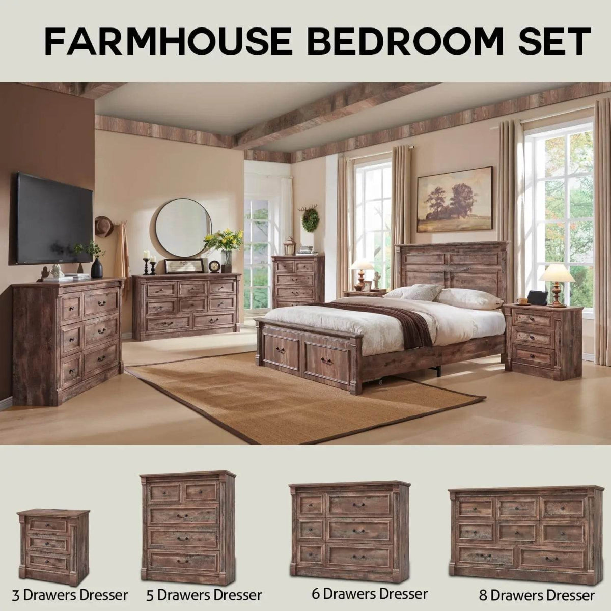 Farmhouse Wood Bed Frame with Storage Drawers - Omega Lifestyles