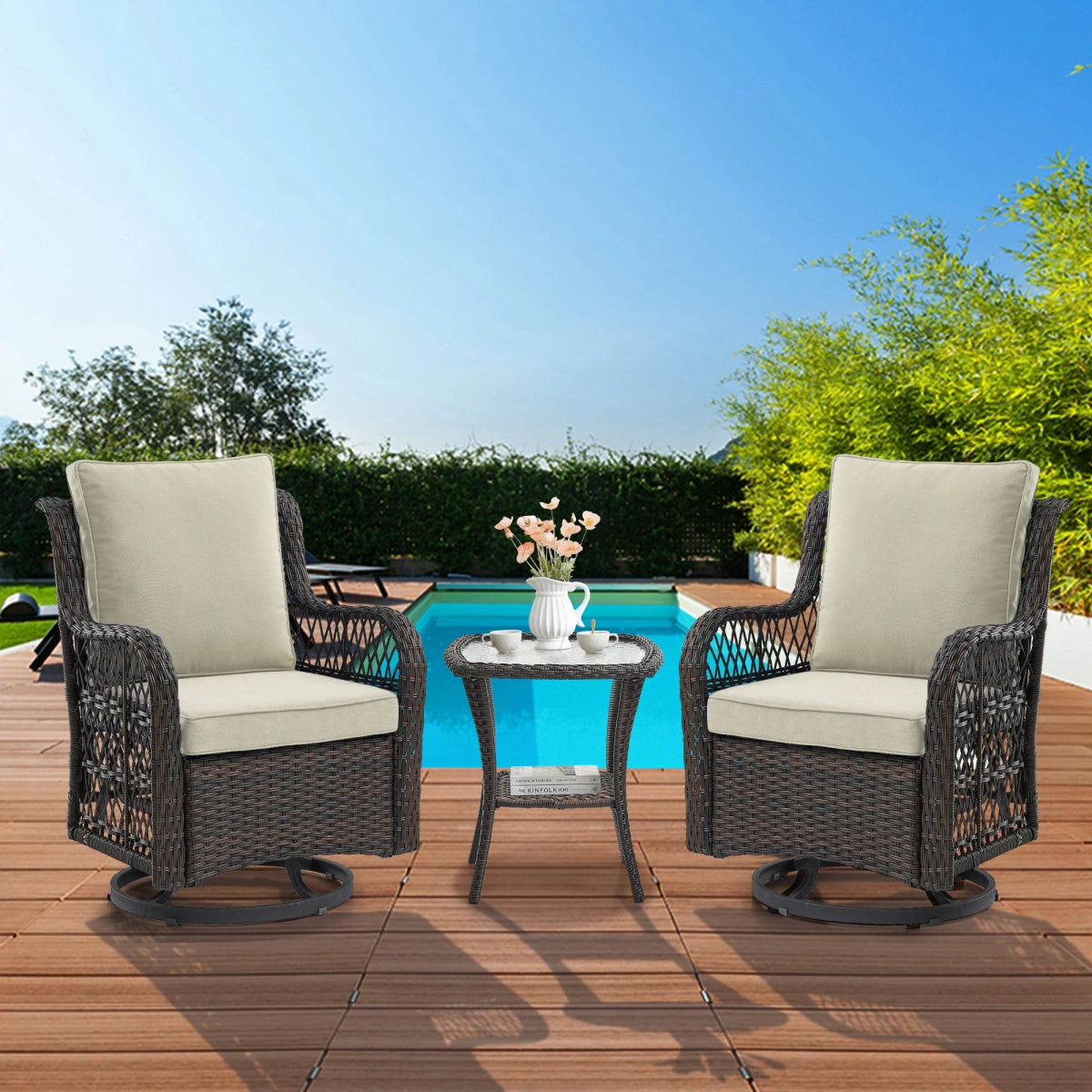 3-Piece Outdoor Rattan Wicker Swivel Rocking Chair Set - Omega Lifestyles
