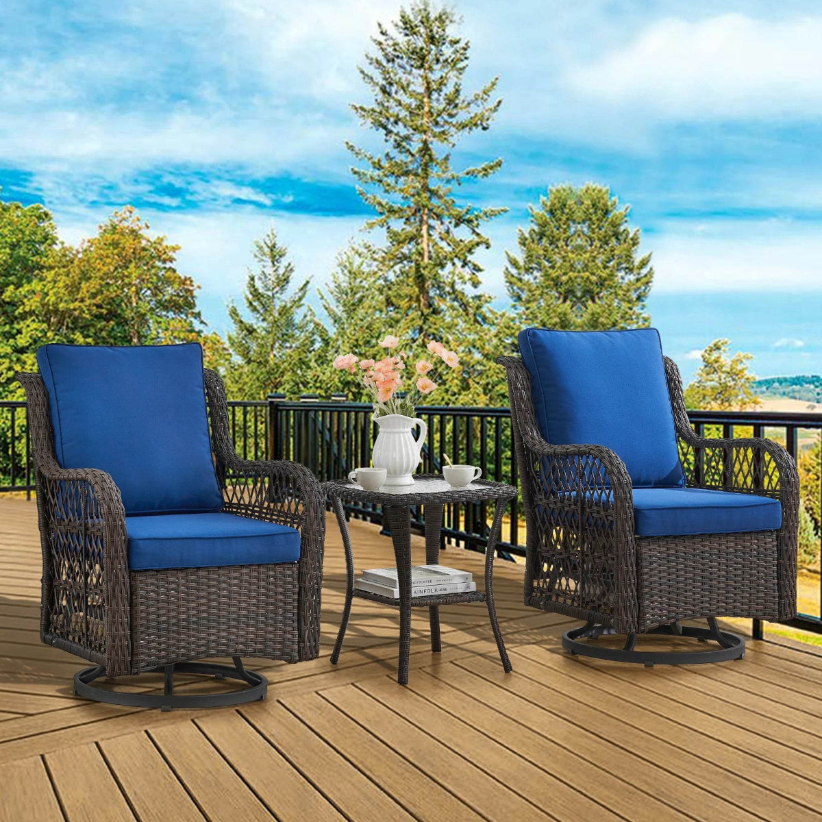 3-Piece Outdoor Rattan Wicker Swivel Rocking Chair Set - Omega Lifestyles