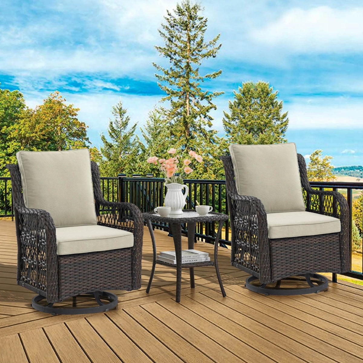 3-Piece Outdoor Rattan Wicker Swivel Rocking Chair Set - Omega Lifestyles
