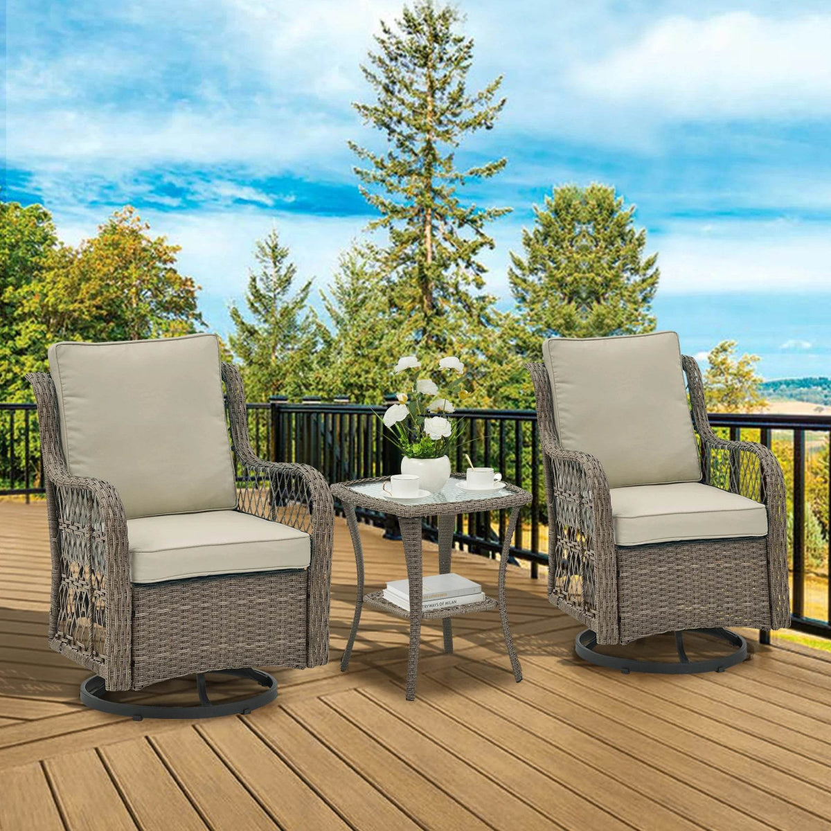 3-Piece Outdoor Rattan Wicker Swivel Rocking Chair Set - Omega Lifestyles
