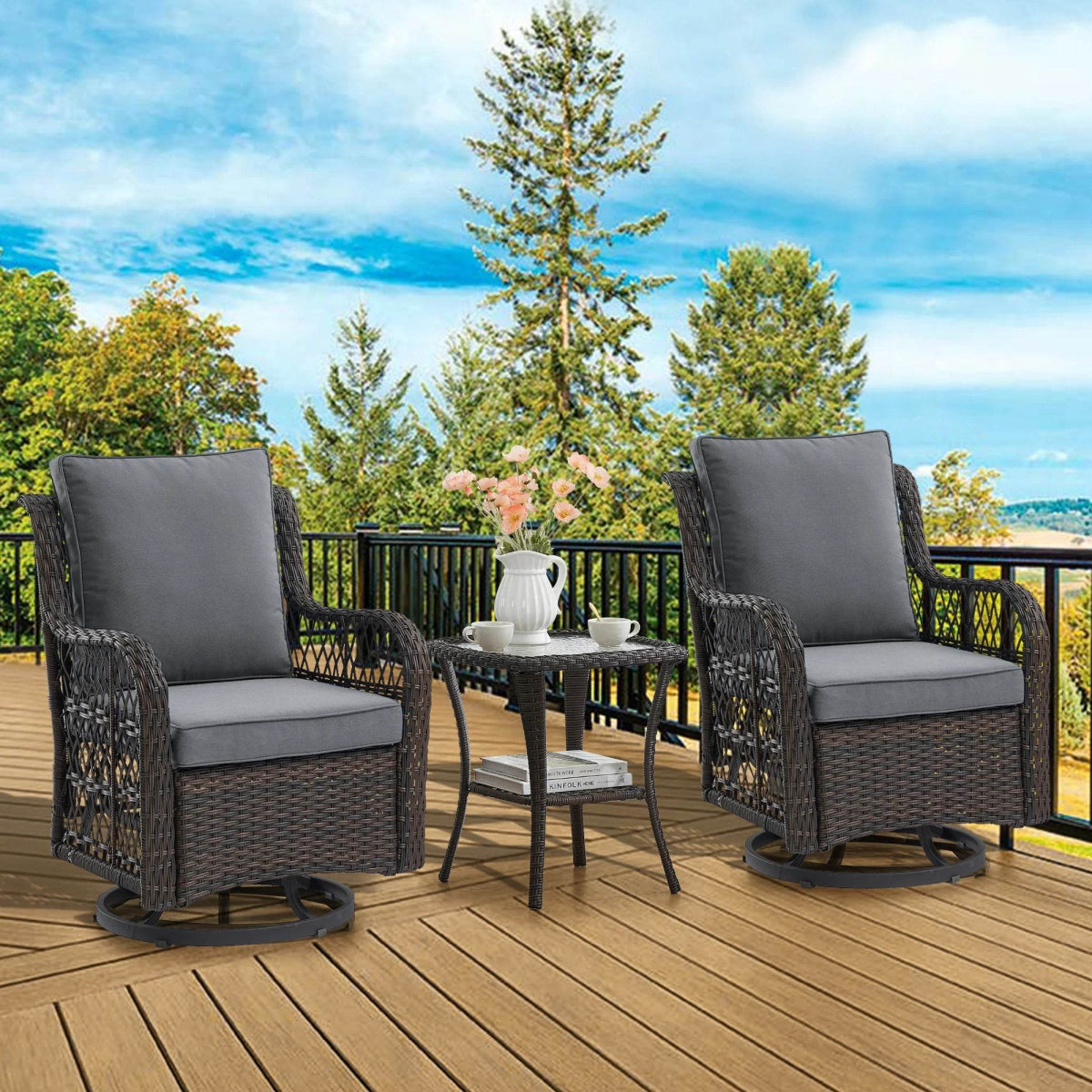 3-Piece Outdoor Rattan Wicker Swivel Rocking Chair Set - Omega Lifestyles