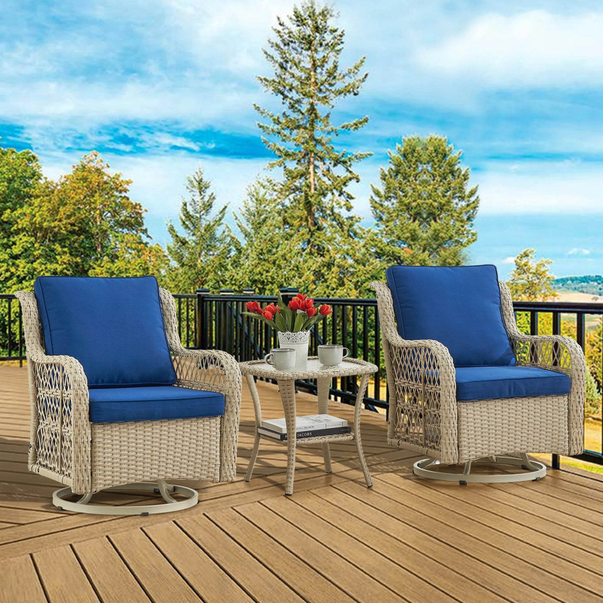 3-Piece Outdoor Rattan Wicker Swivel Rocking Chair Set - Omega Lifestyles