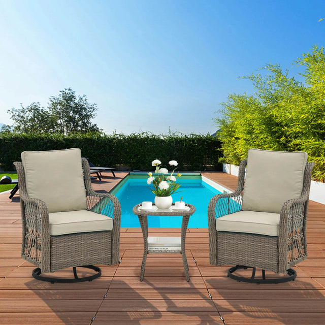 3-Piece Outdoor Rattan Wicker Swivel Rocking Chair Set - Omega Lifestyles