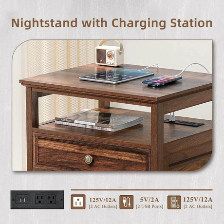 Farmhouse Wood Nightstand With Charging Station - Omega Lifestyles