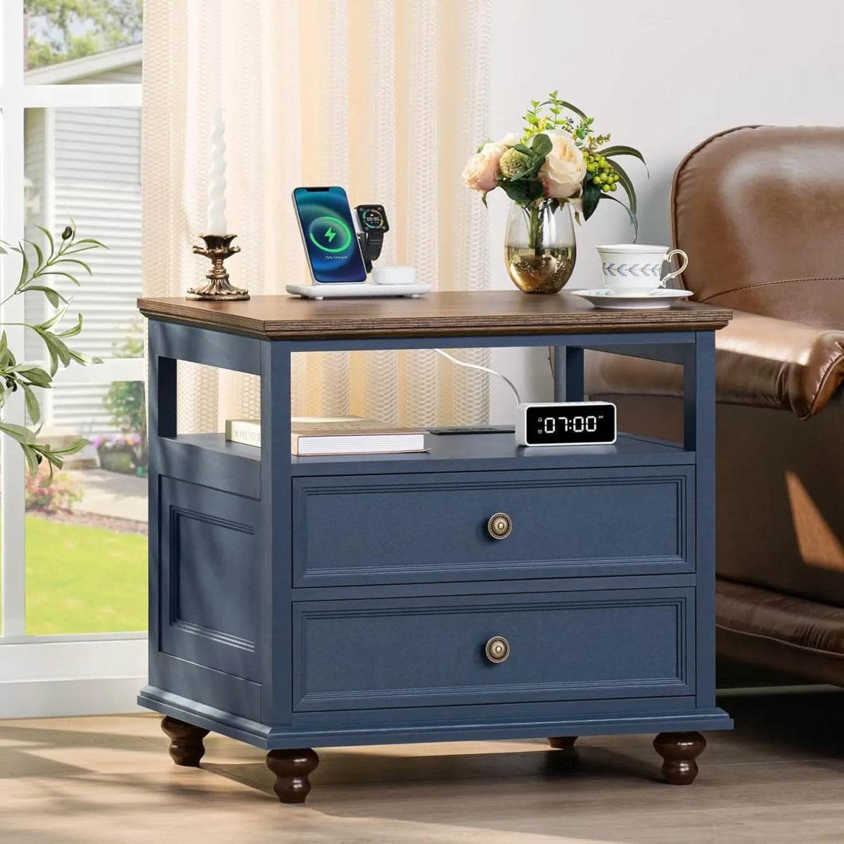 Farmhouse Wood Nightstand With Charging Station - Omega Lifestyles