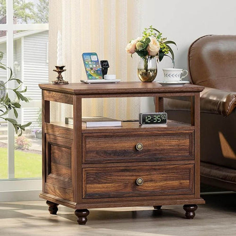 Farmhouse Wood Nightstand With Charging Station - Omega Lifestyles