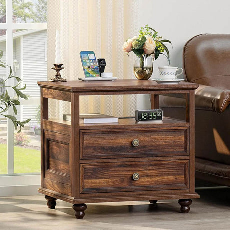 Farmhouse Wood Nightstand With Charging Station - Omega Lifestyles