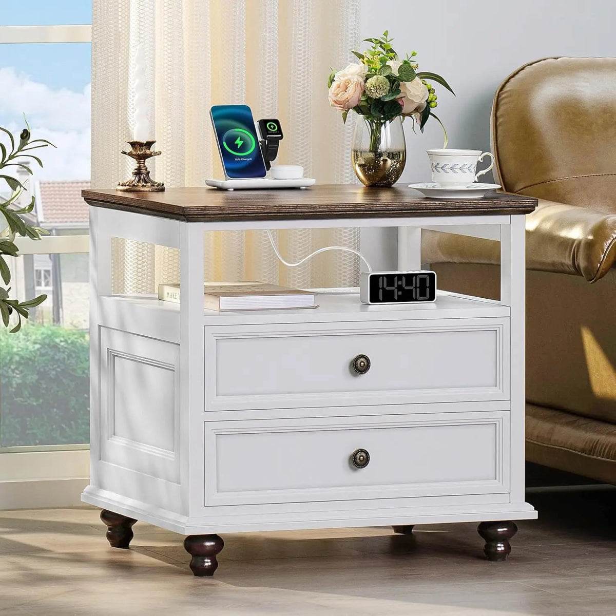 Farmhouse Wood Nightstand With Charging Station - Omega Lifestyles