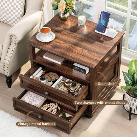 Farmhouse Wood Nightstand With Charging Station - Omega Lifestyles