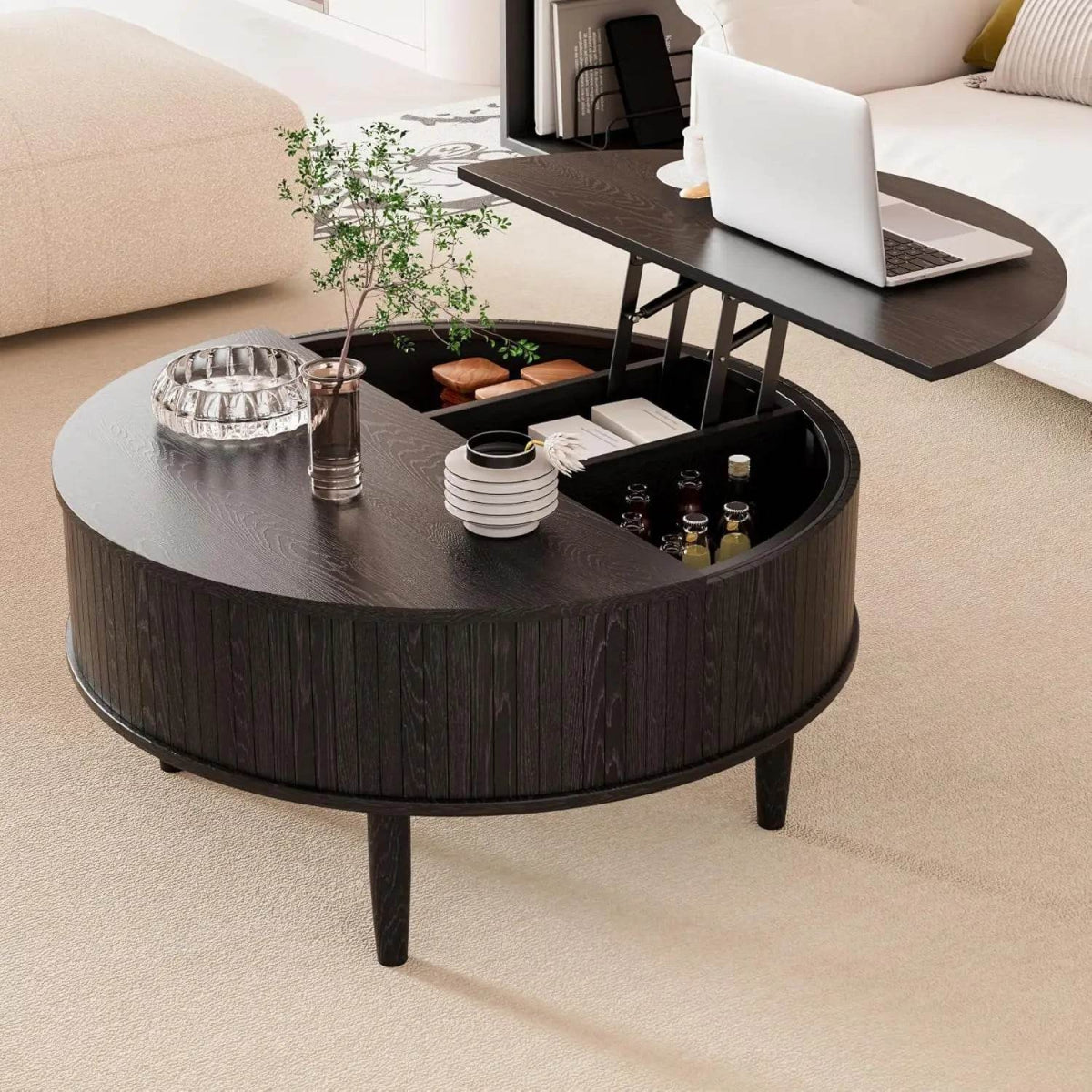 Lift Top Round Fluted Coffee Table With Storage - Omega Lifestyles