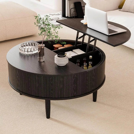 Lift Top Round Fluted Coffee Table With Storage - Omega Lifestyles