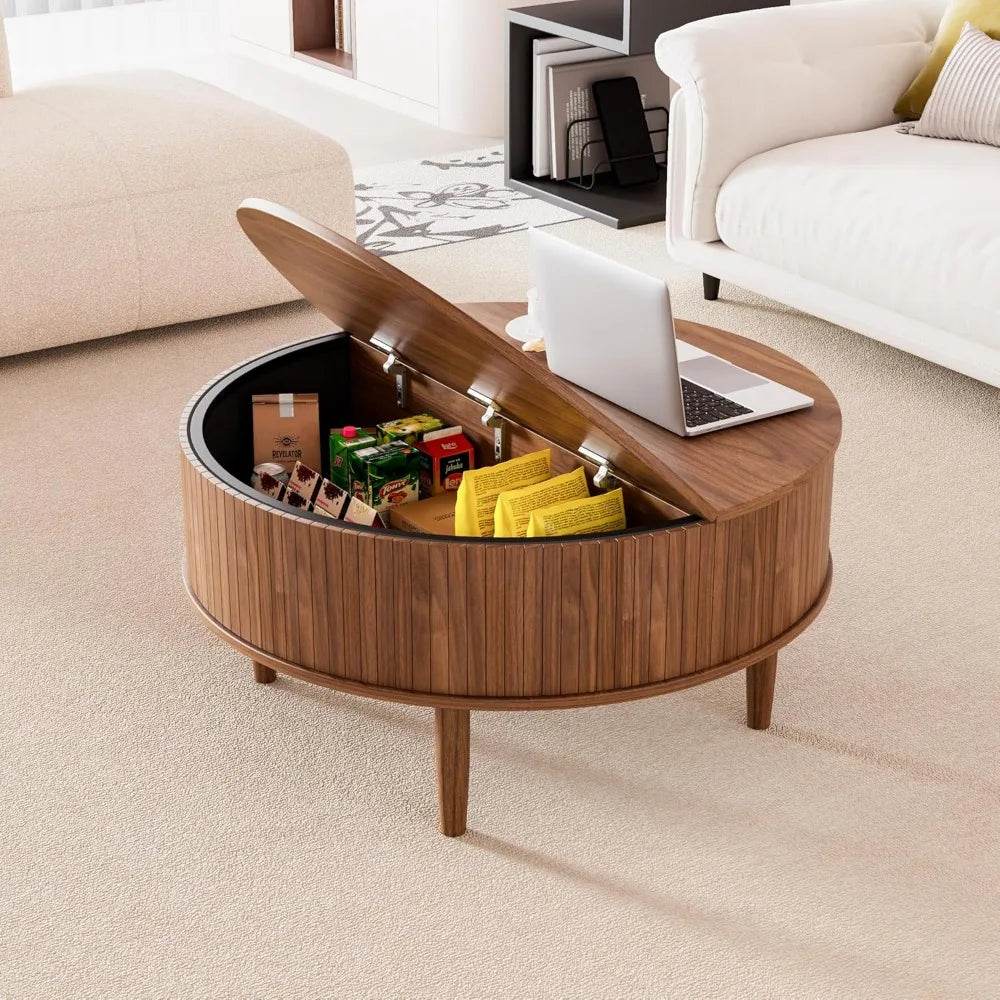 Lift Top Round Fluted Coffee Table With Storage - Omega Lifestyles