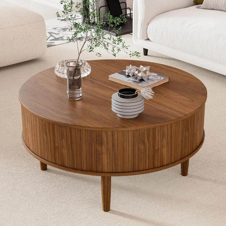 Lift Top Round Fluted Coffee Table With Storage - Omega Lifestyles