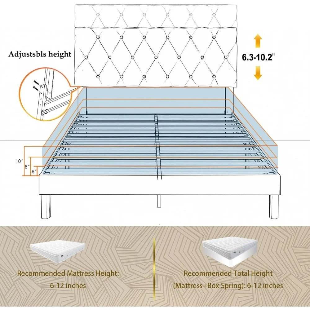 Velvet Upholstered Queen Platform Bed Frame With Headboard - Omega Lifestyles