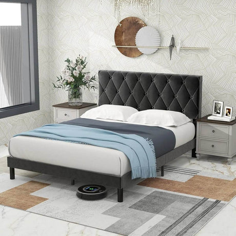 Velvet Upholstered Queen Platform Bed Frame With Headboard - Omega Lifestyles