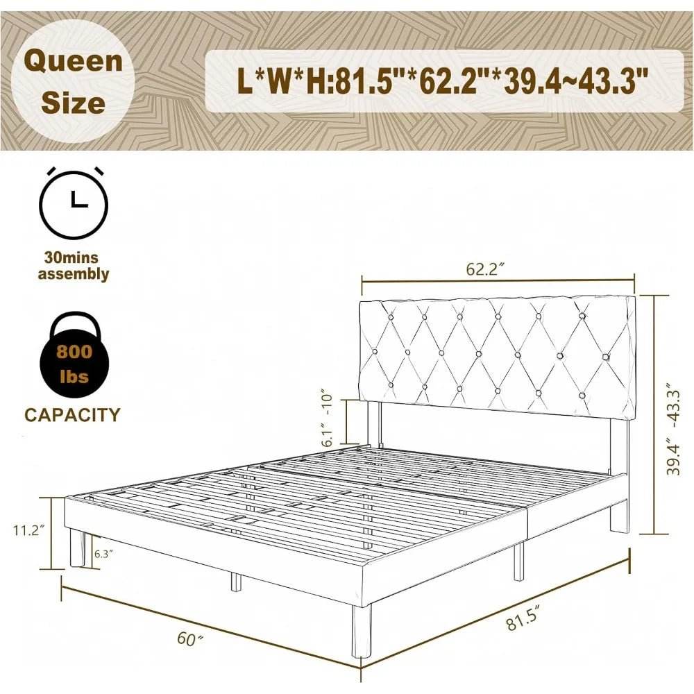 Velvet Upholstered Queen Platform Bed Frame With Headboard - Omega Lifestyles