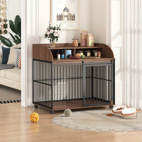 Furniture-Style Brown Engineered Wood Dog Crate With Wheels - Omega Lifestyles