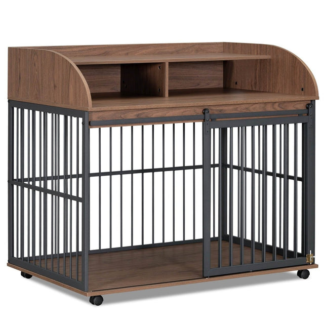 Furniture-Style Brown Engineered Wood Dog Crate With Wheels - Omega Lifestyles
