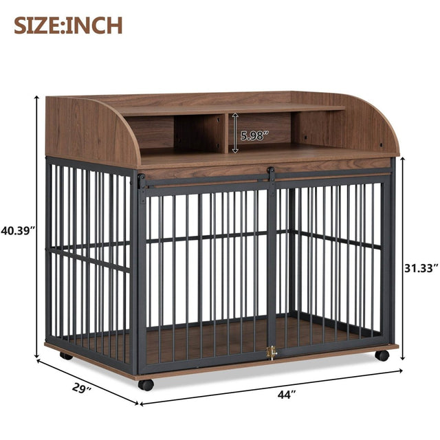 Furniture-Style Brown Engineered Wood Dog Crate With Wheels - Omega Lifestyles
