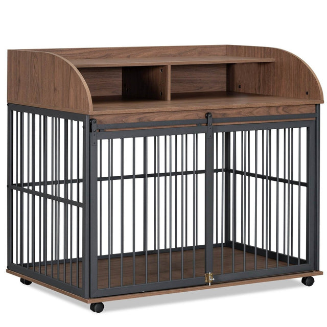 Furniture-Style Brown Engineered Wood Dog Crate With Wheels - Omega Lifestyles