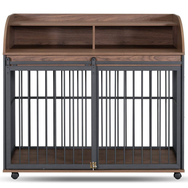 Furniture-Style Brown Engineered Wood Dog Crate With Wheels - Omega Lifestyles